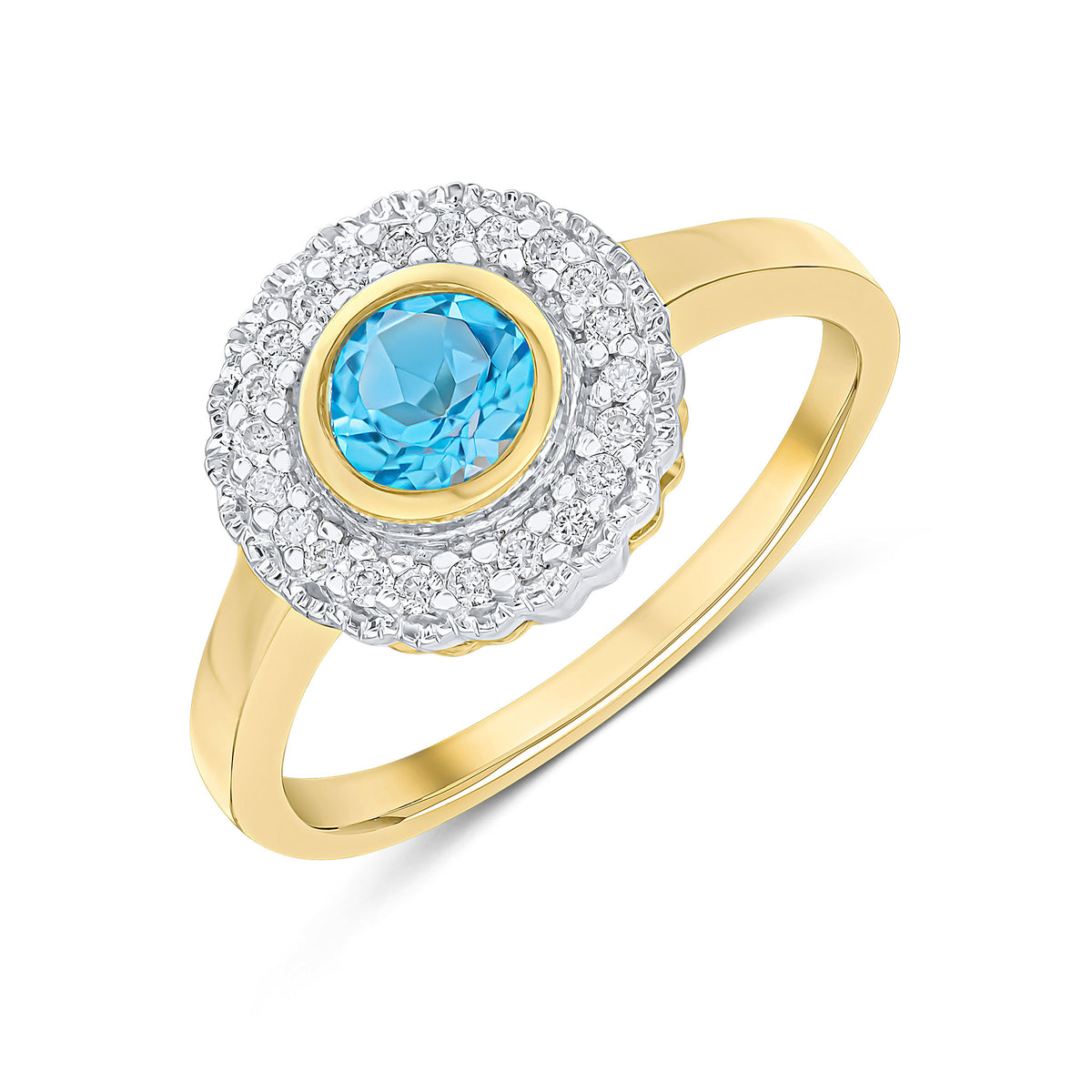 9CT YELLOW GOLD ROUND RUBOVER SWISS BLUE TOPAZ AND MILLEGRAIN ROUND DIAMOND CLUSTER RING. RHODIUM TO DIAMONDS