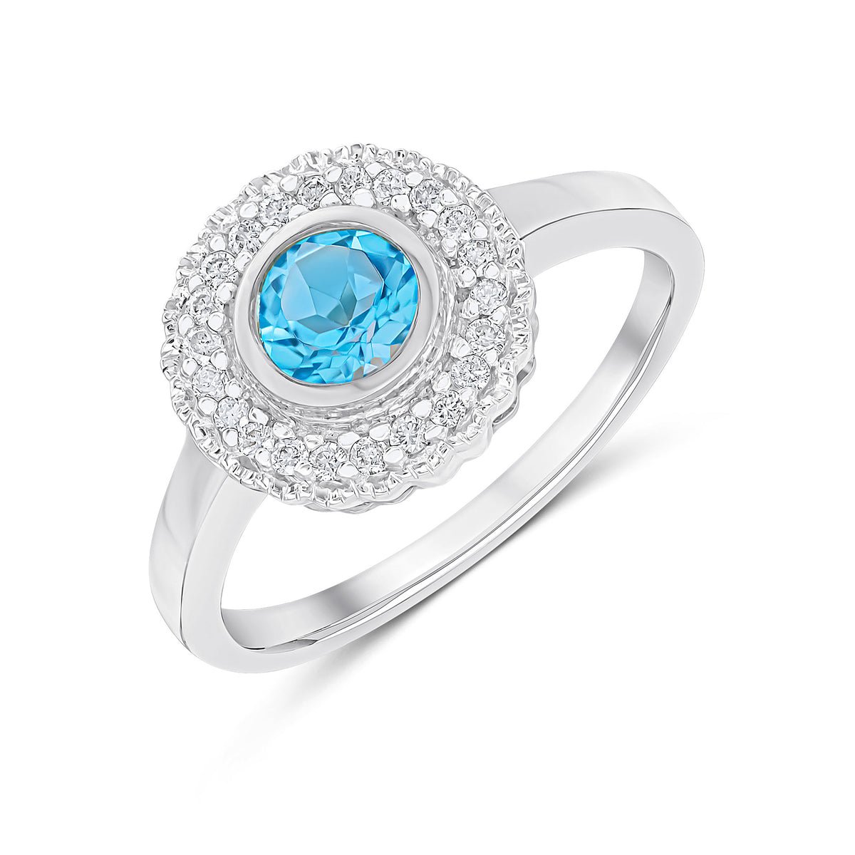 9CT WHITE GOLD ROUND RUBOVER SWISS BLUE TOPAZ AND MILLEGRAIN ROUND DIAMOND CLUSTER RING
