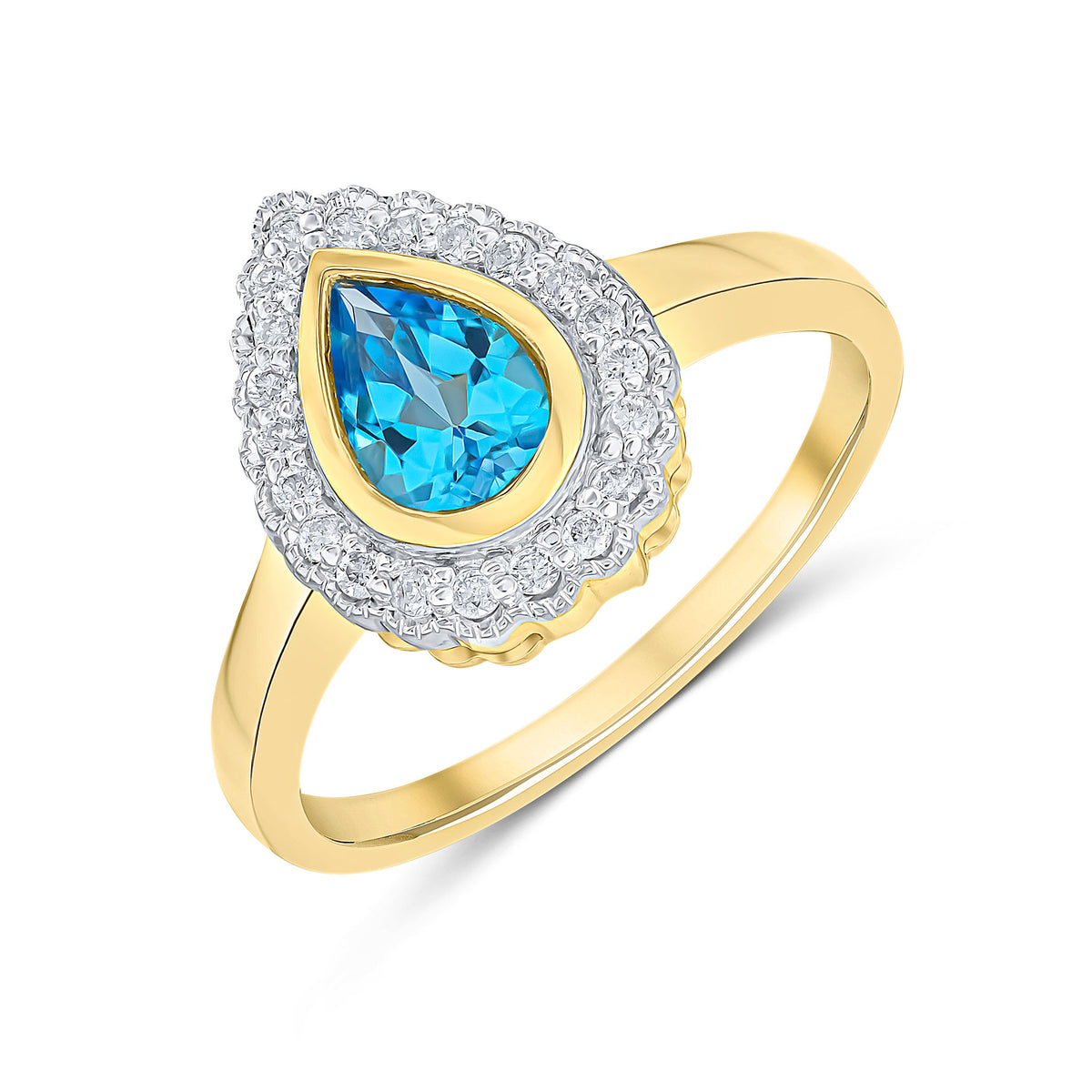 9CT YELLOW GOLD PEARSHAPE RUBOVER SWISS BLUE TOPAZ AND MILLEGRAIN ROUND DIAMOND CLUSTER RING. RHODIUM TO DIAMONDS
