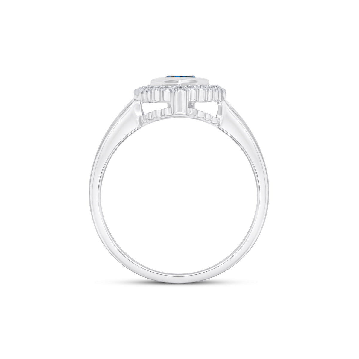 9CT WHITE GOLD PEARSHAPE RUBOVER SWISS BLUE TOPAZ AND MILLEGRAIN ROUND DIAMOND CLUSTER RING