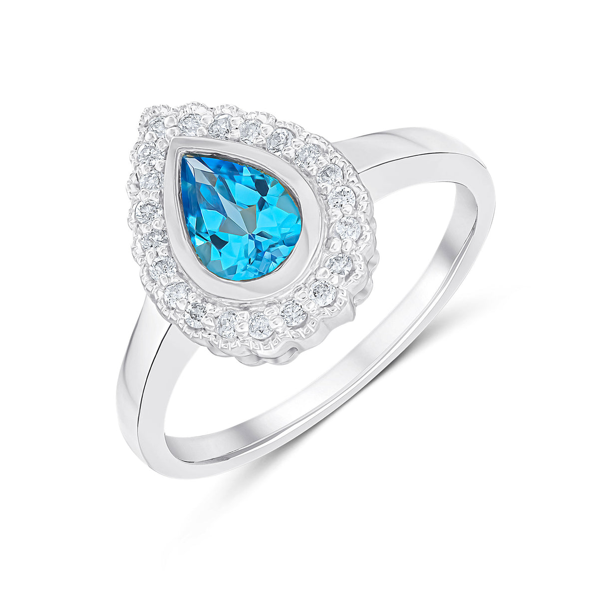 9CT WHITE GOLD PEARSHAPE RUBOVER SWISS BLUE TOPAZ AND MILLEGRAIN ROUND DIAMOND CLUSTER RING