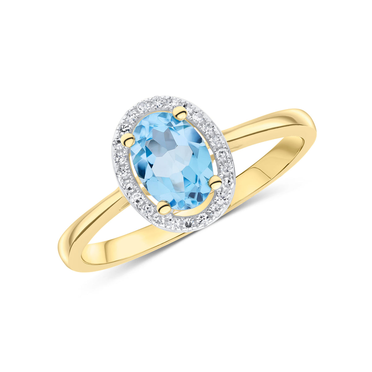 9CT YG 7X5 OVAL SWISS BLUE TOPAZ & ROUND DIAMOND HALO CLUSTER RING. RHODIUM TO DIAMONDS