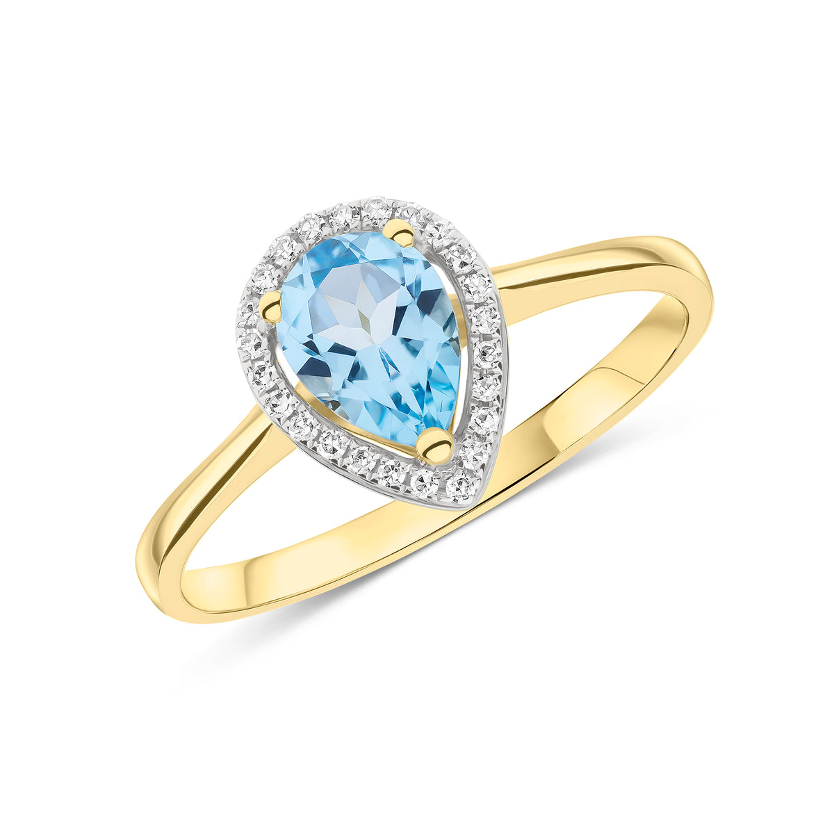 9CT YG 7X5 PEARSHAPE SWISS BLUE TOPAZ & ROUND DIAMOND CLAW SET HALO CLUSTER RING. RHODIUM TO DIAMONDS