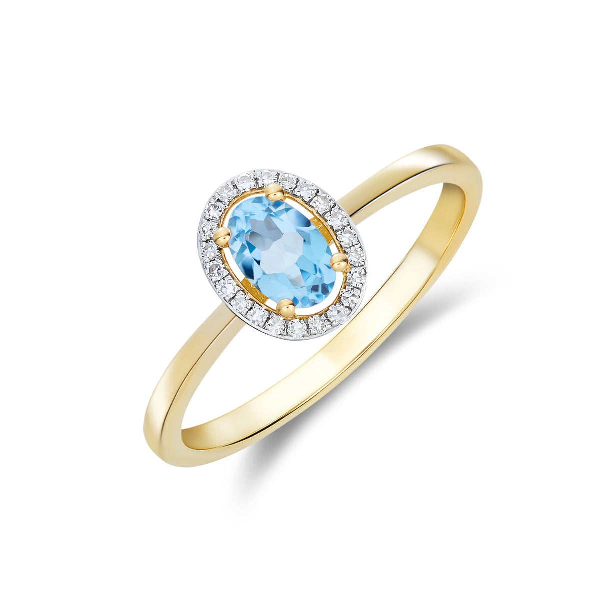 9CT YG 6X4 OVAL SWISS BLUE TOPAZ AND ROUND DIAMOND HALO CLUSTER RING