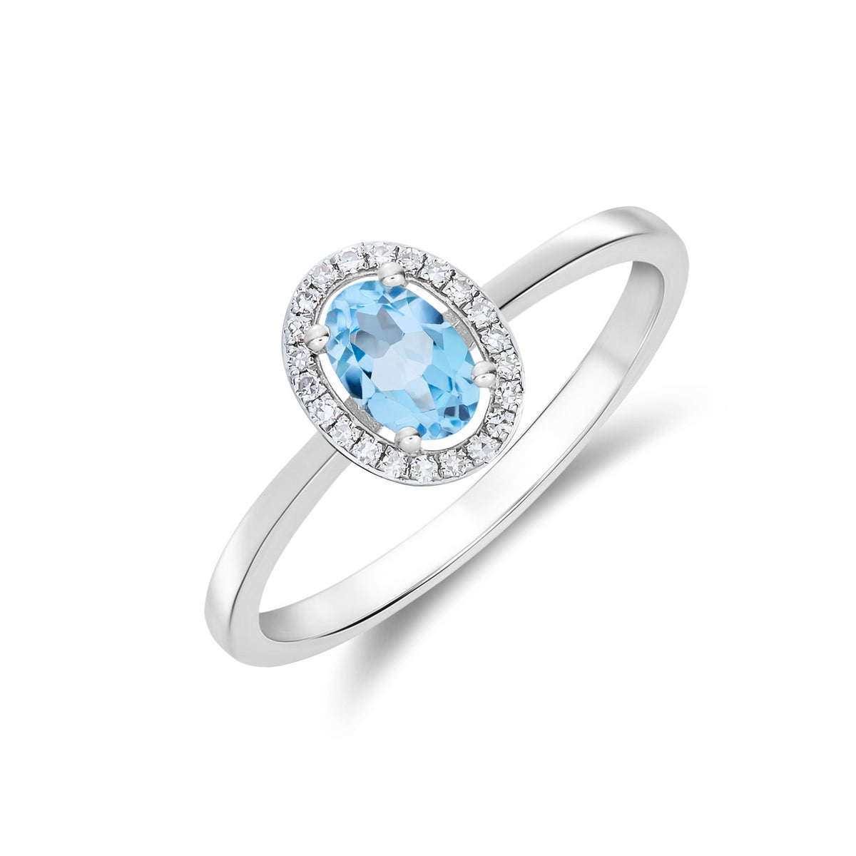 9CT WG 6X4 OVAL SWISS BLUE TOPAZ AND ROUND DIAMOND HALO CLUSTER RING
