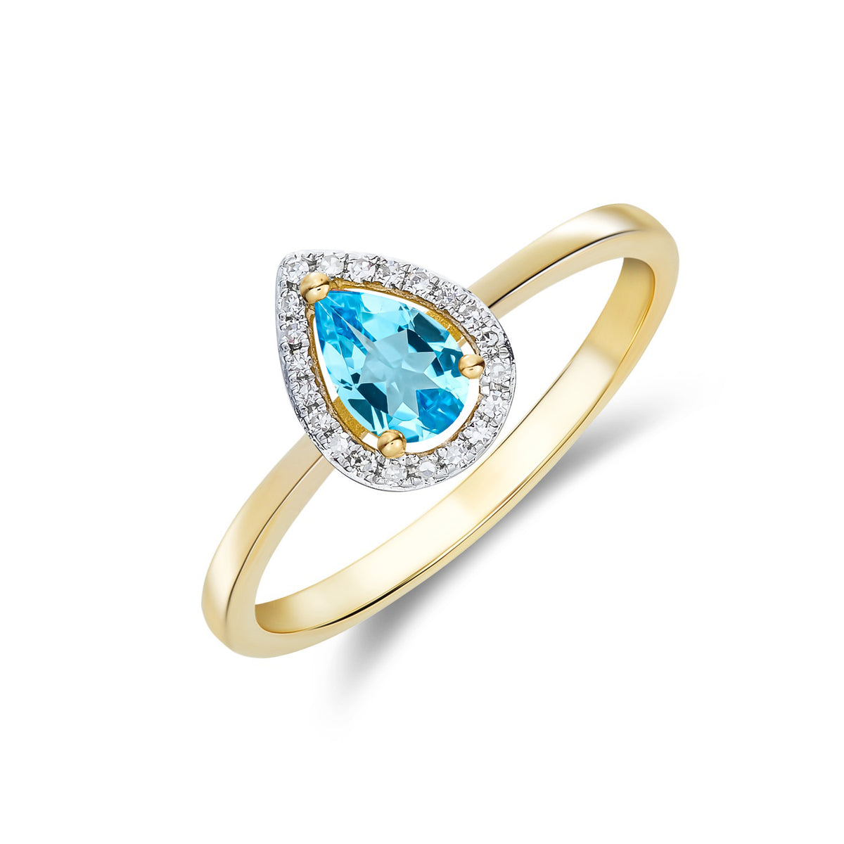 9CT YG 6X4 PEARSHAPE SWISS BLUE TOPAZ & DIAMOND HALO CLAW CLUSTER RING