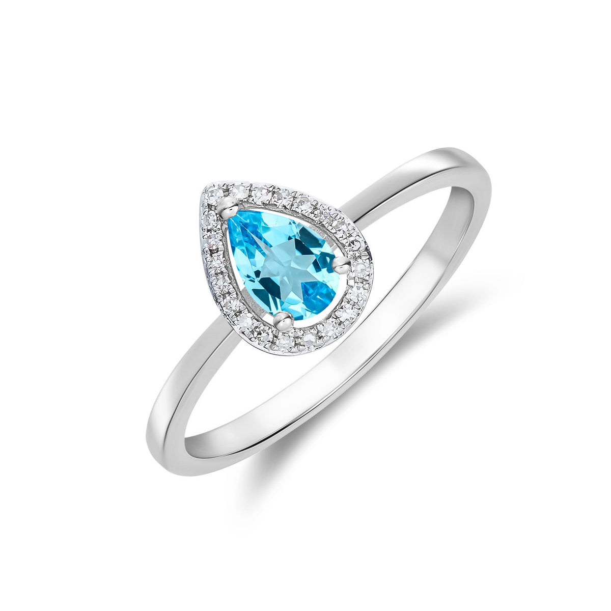 9CT WG 6X4 PEARSHAPE SWISS BLUE TOPAZ & DIAMOND HALO CLAW CLUSTER RING