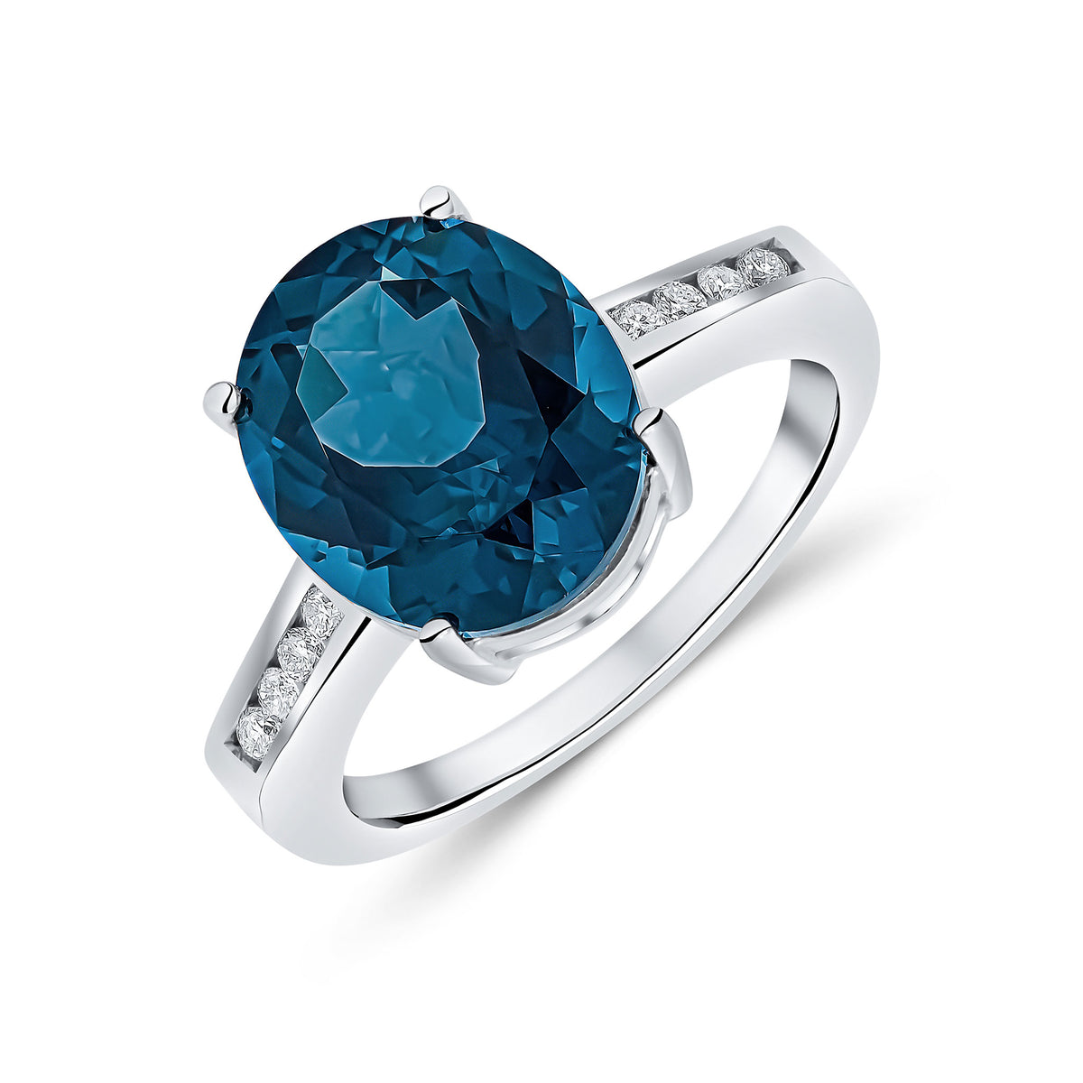 9CT WG 12X10MM CLAW SET OVAL LONDON BLUE TOPAZ SINGLE STONE RING WITH CHANNEL SET DIAMOND SHOULDERS