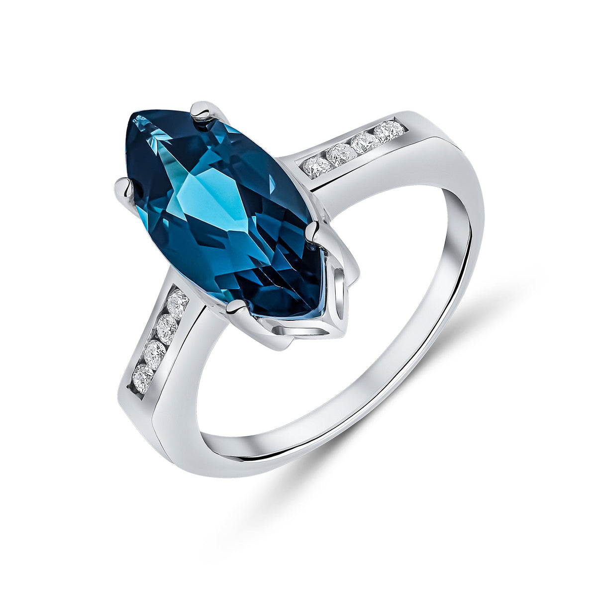 9CT WG 15X7 MARQUISE LONDON BLUE TOPAZ SINGLE STONE RING WITH CHANNEL SET DIAMOND SHOULDERS