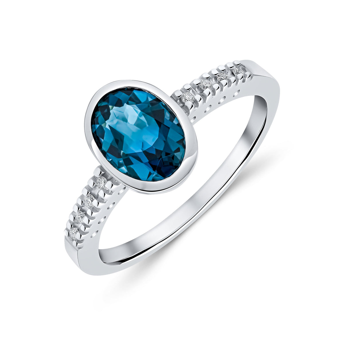 9CT WG RUBOVER 8X6 OVAL LONDON BLUE TOPAZ SINGLE STONE RING WITH CLAW SET DIAMOND SHOULDERS