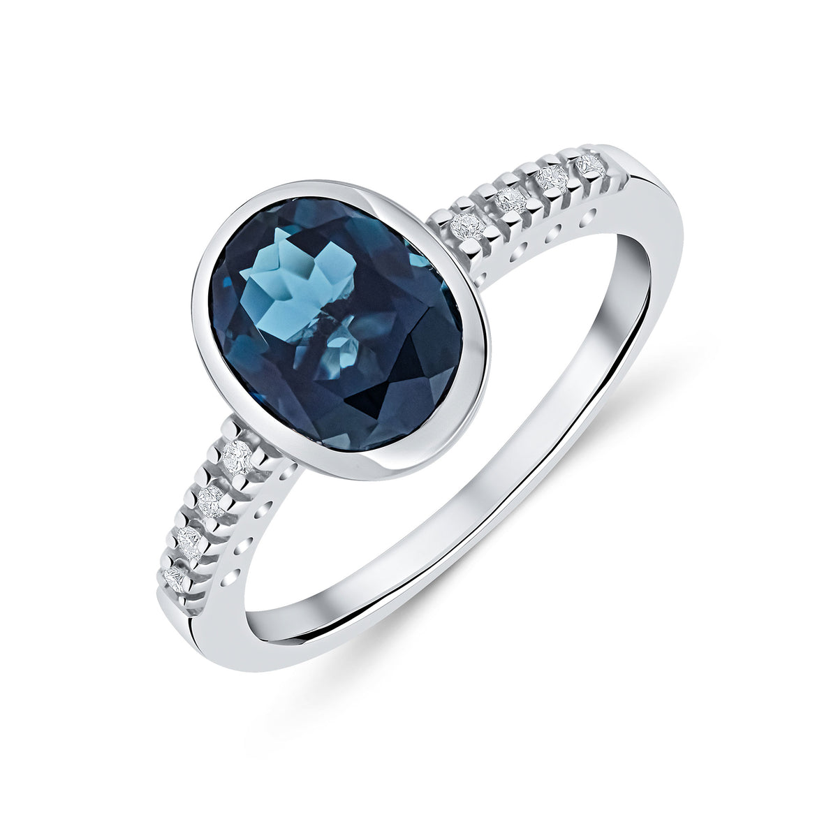 9CT WG RUBOVER 9X7 OVAL LONDON BLUE TOPAZ SINGLE STONE RING WITH CLAW SET DIAMOND SHOULDERS
