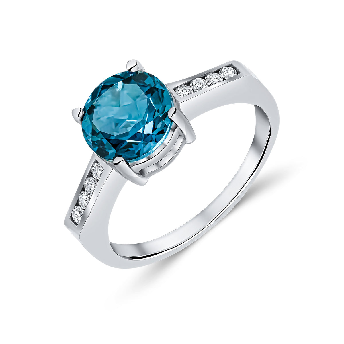 9CT WG CLAW SET 8MM ROUND LONDON BLUE TOPAZ SINGLE STONE RING WITH CHANNEL SET DIAMOND SHOULDERS