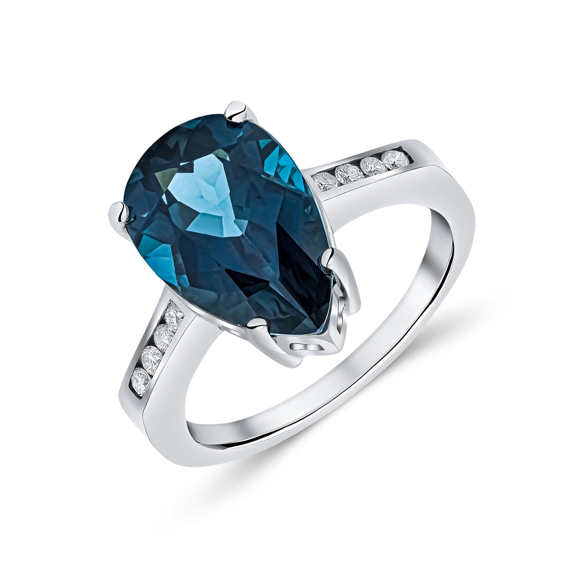 9CT WG 14X9 PEARSHAPE LONDON BLUE TOPAZ SINGLE STONE RING WITH CHANNEL SET DIAMOND SHOULDERS
