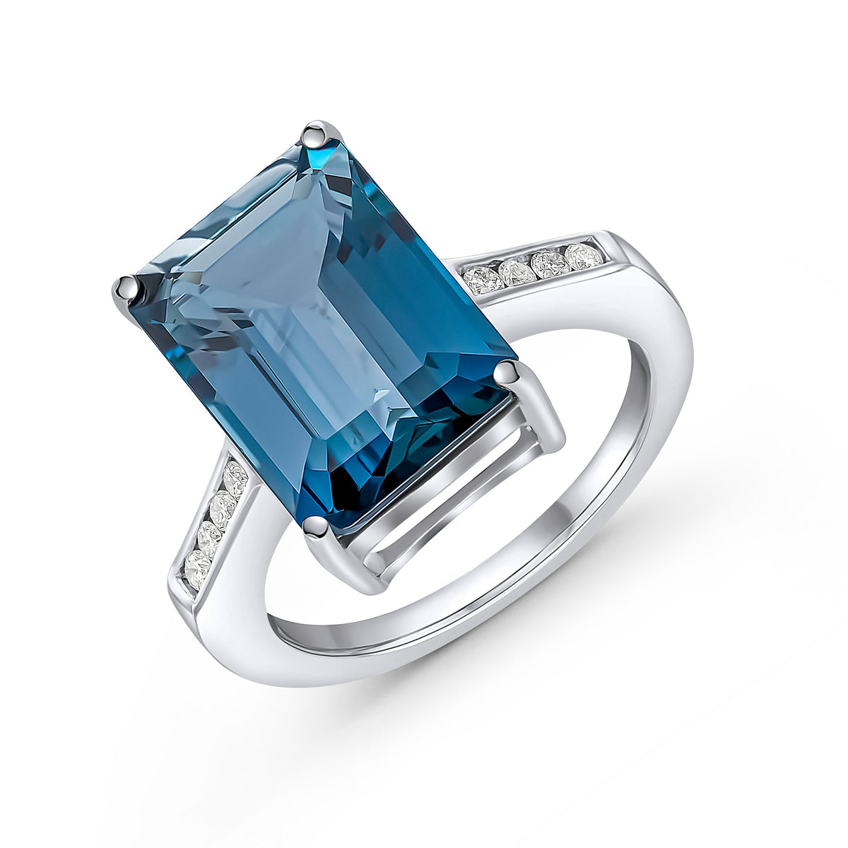 9CT WG CLAW SET 14X10 OCTAGON LONDON BLUE TOPAZ SINGLE STONE RING WITH ROUND DIAMOND CHANNEL SET SHOULDERS