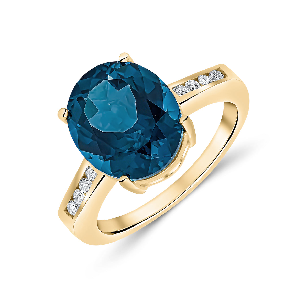 9CT YG 12X10MM CLAW SET OVAL LONDON BLUE TOPAZ SINGLE STONE RING WITH CHANNEL SET DIAMOND SHOULDERS