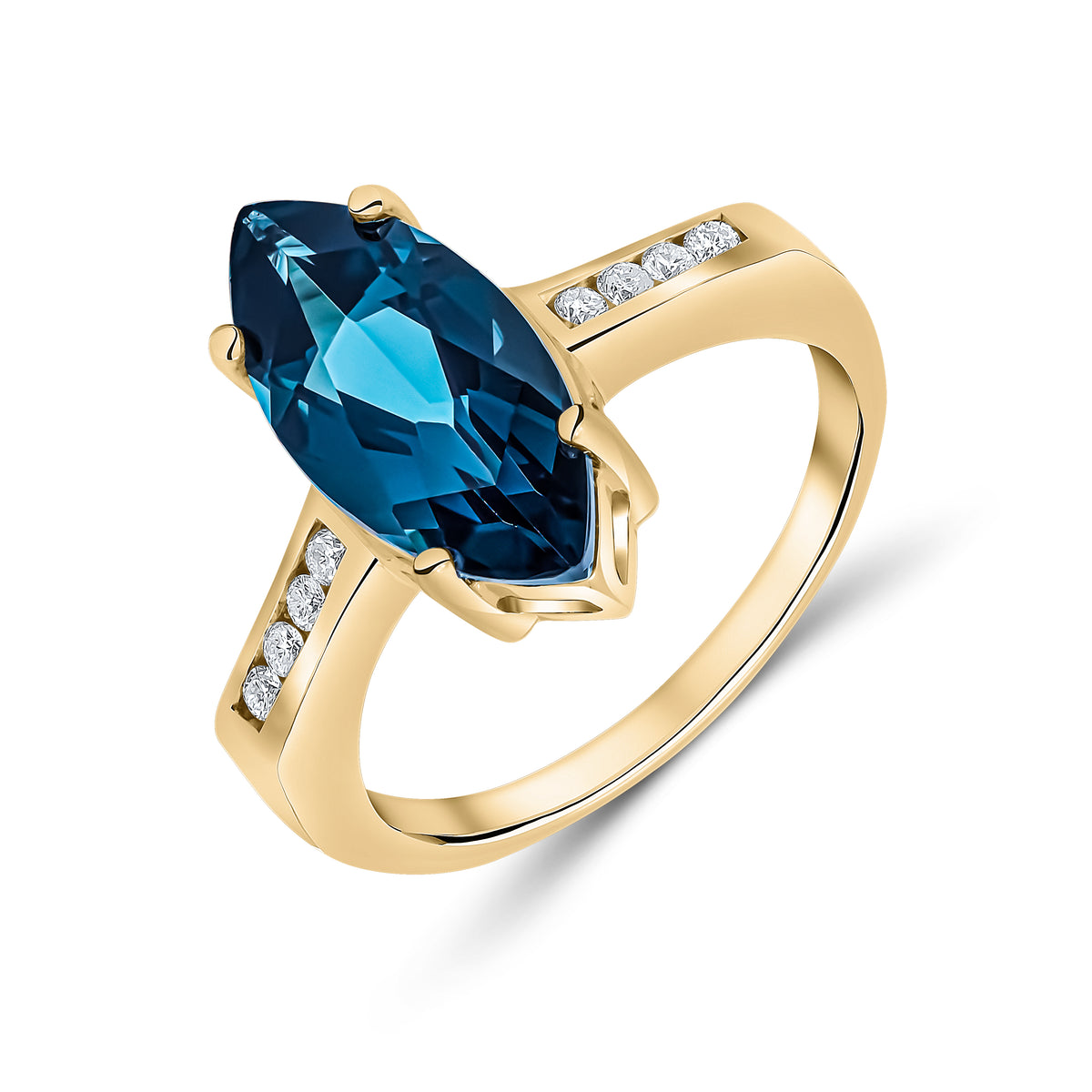 9CT YG 15X7 MARQUISE LONDON BLUE TOPAZ SINGLE STONE RING WITH CHANNEL SET DIAMOND SHOULDERS