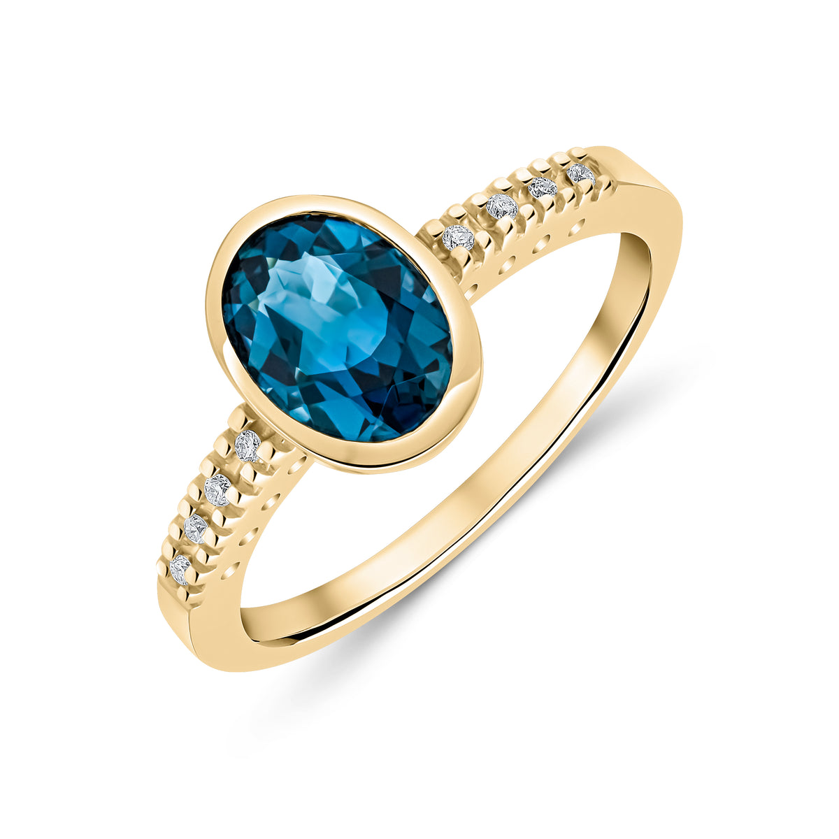 9CT YG RUBOVER 8X6 OVAL LONDON BLUE TOPAZ SINGLE STONE RING WITH CLAW SET DIAMOND SHOULDERS. RHODIUM TO DIAMONDS