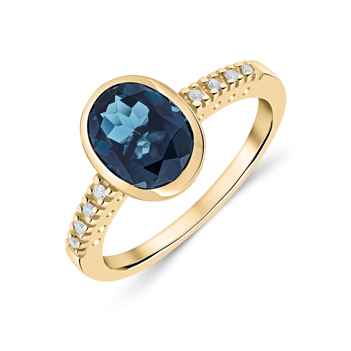 9CT YG RUBOVER 9X7 OVAL LONDON BLUE TOPAZ SINGLE STONE RING WITH CLAW SET DIAMOND SHOULDERS