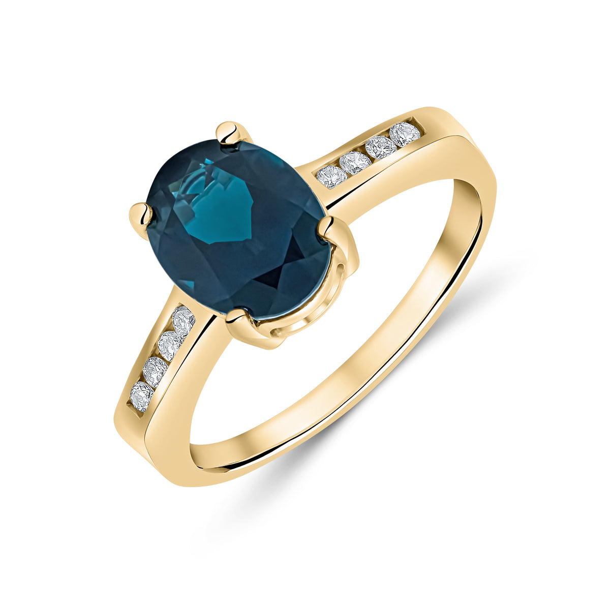 9CT YG 9X7MM CLAW SET OVAL LONDON BLUE TOPAZ SINGLE STONE RING WITH CHANNEL SET DIAMOND SHOULDERS