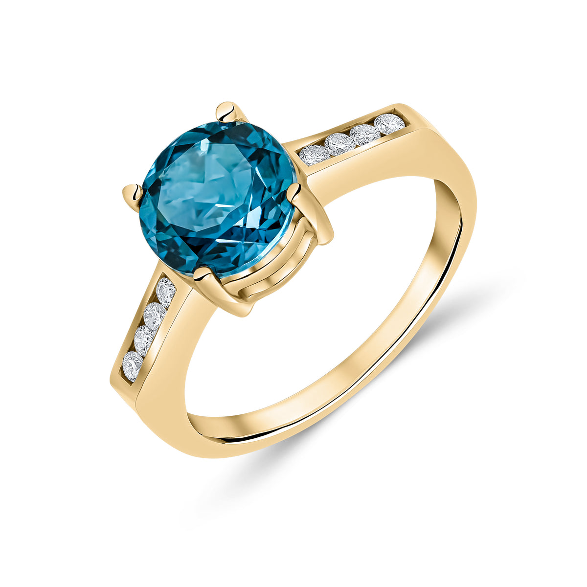 9CT YG CLAW SET 8MM ROUND LONDON BLUE TOPAZ SINGLE STONE RING WITH CHANNEL SET DIAMOND SHOULDERS