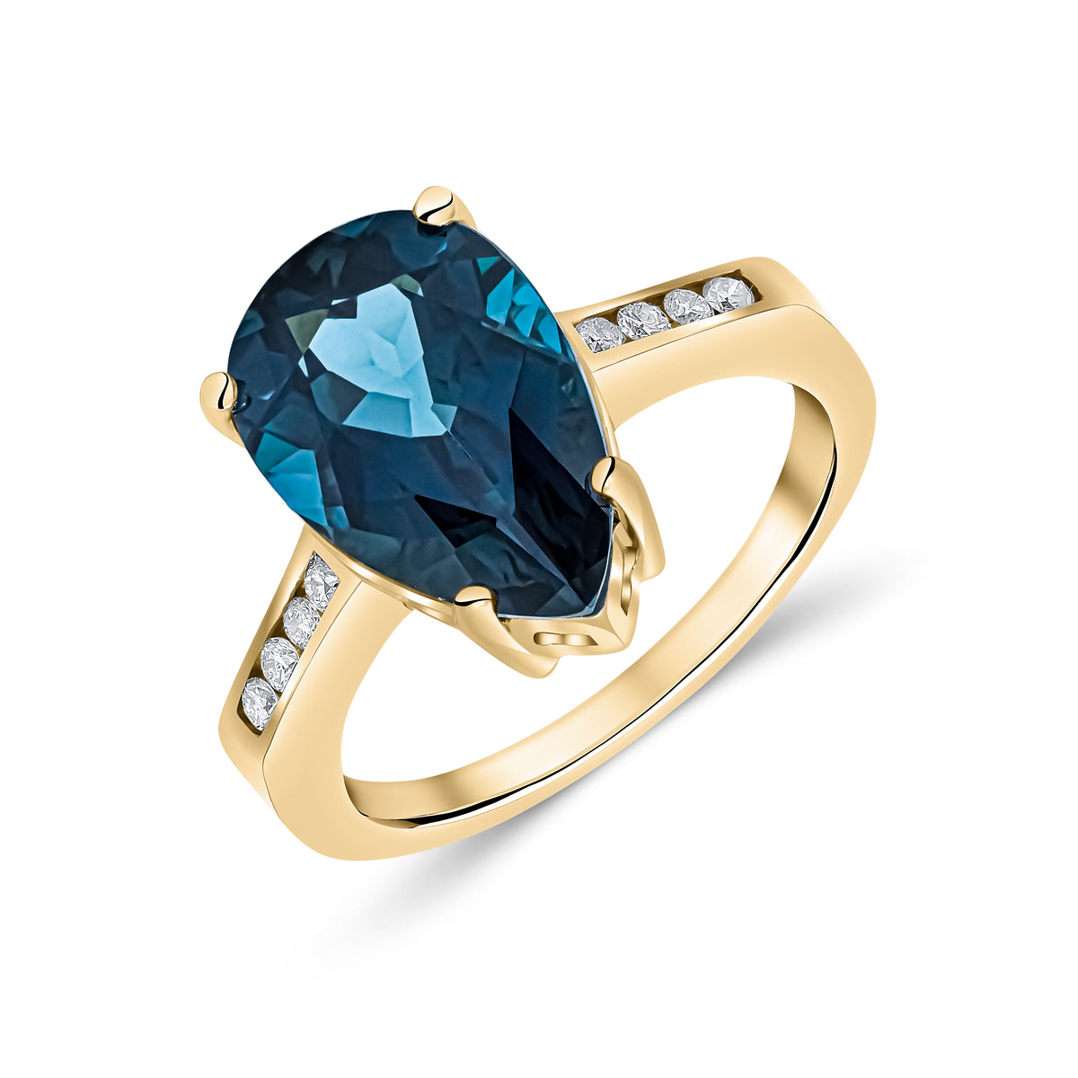 9CT YG 14X9 PEARSHAPE LONDON BLUE TOPAZ SINGLE STONE RING WITH CHANNEL SET DIAMOND SHOULDERS