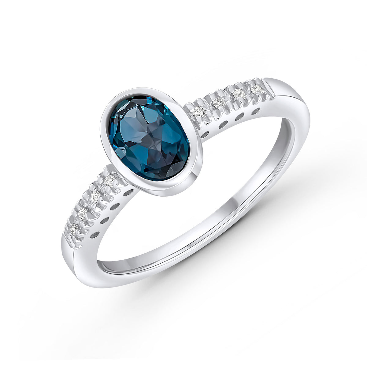 9CT WG RUBOVER 7X5 OVAL LONDON BLUE TOPAZ SINGLE STONE RING WITH CLAW SET DIAMOND SHOULDERS