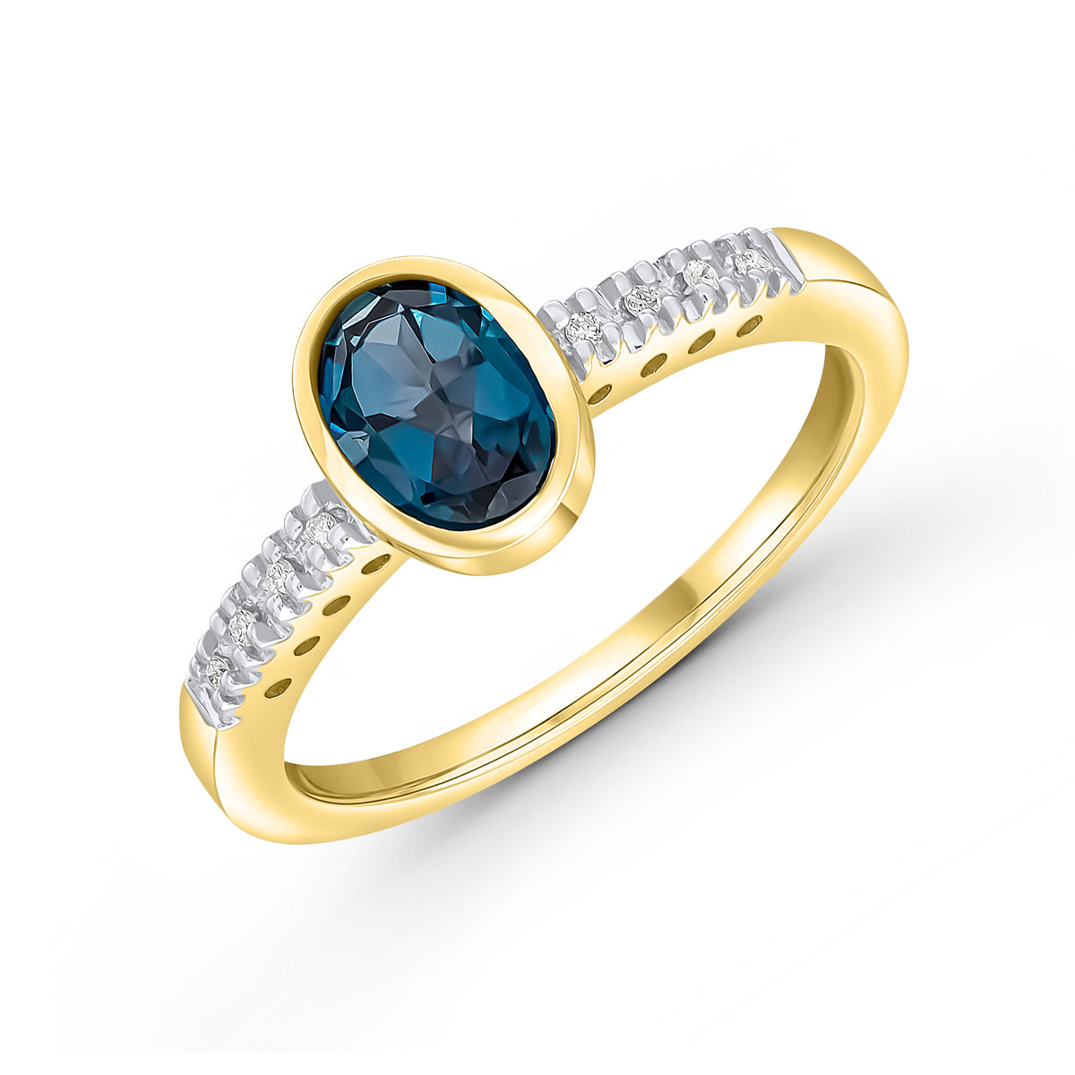 9CT YG RUBOVER 7X5 OVAL LONDON BLUE TOPAZ SINGLE STONE RING WITH CLAW SET DIAMOND SHOULDERS. RHODIUM TO DIAMONDS
