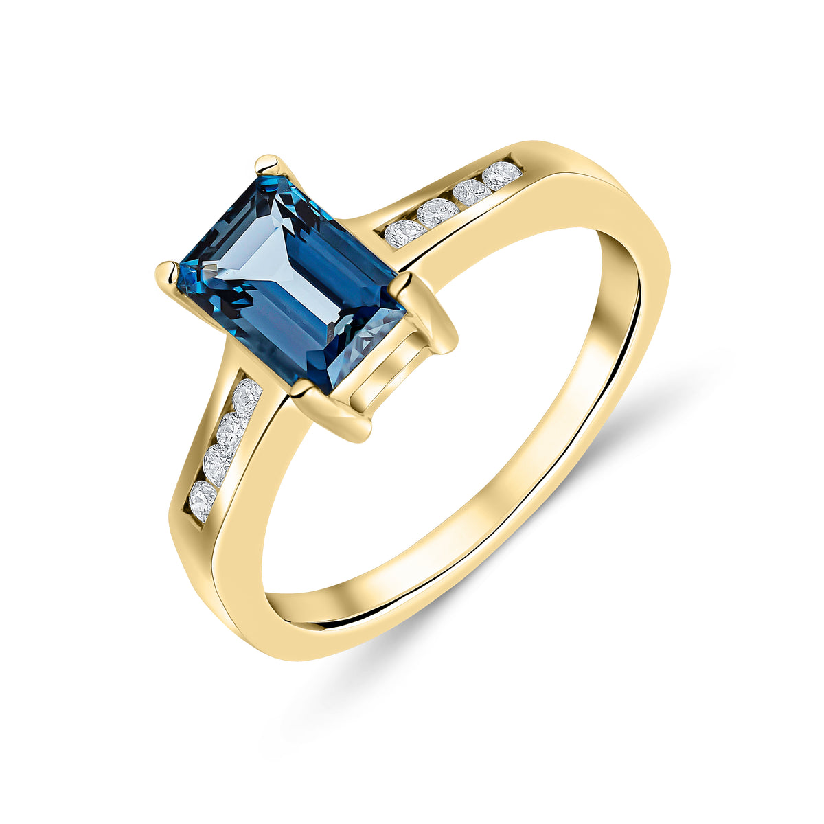 9CT YG 7X5 OCTAGON LONDON BLUE TOPAZ CLAW SET SINGLE STONE RING WITH CHANNEL SET DIAMOND SHOULDERS
