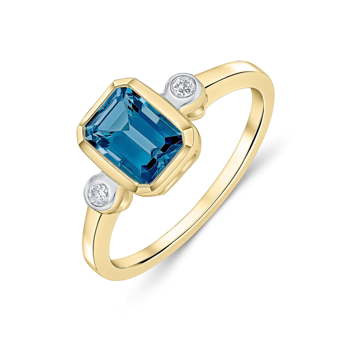 9CT YG 7X5 OCTAGON LONDON BLUE TOPAZ & ROUND DIAMOND 3ST RUBOVER RING. RHODIUM TO DIAMONDS
