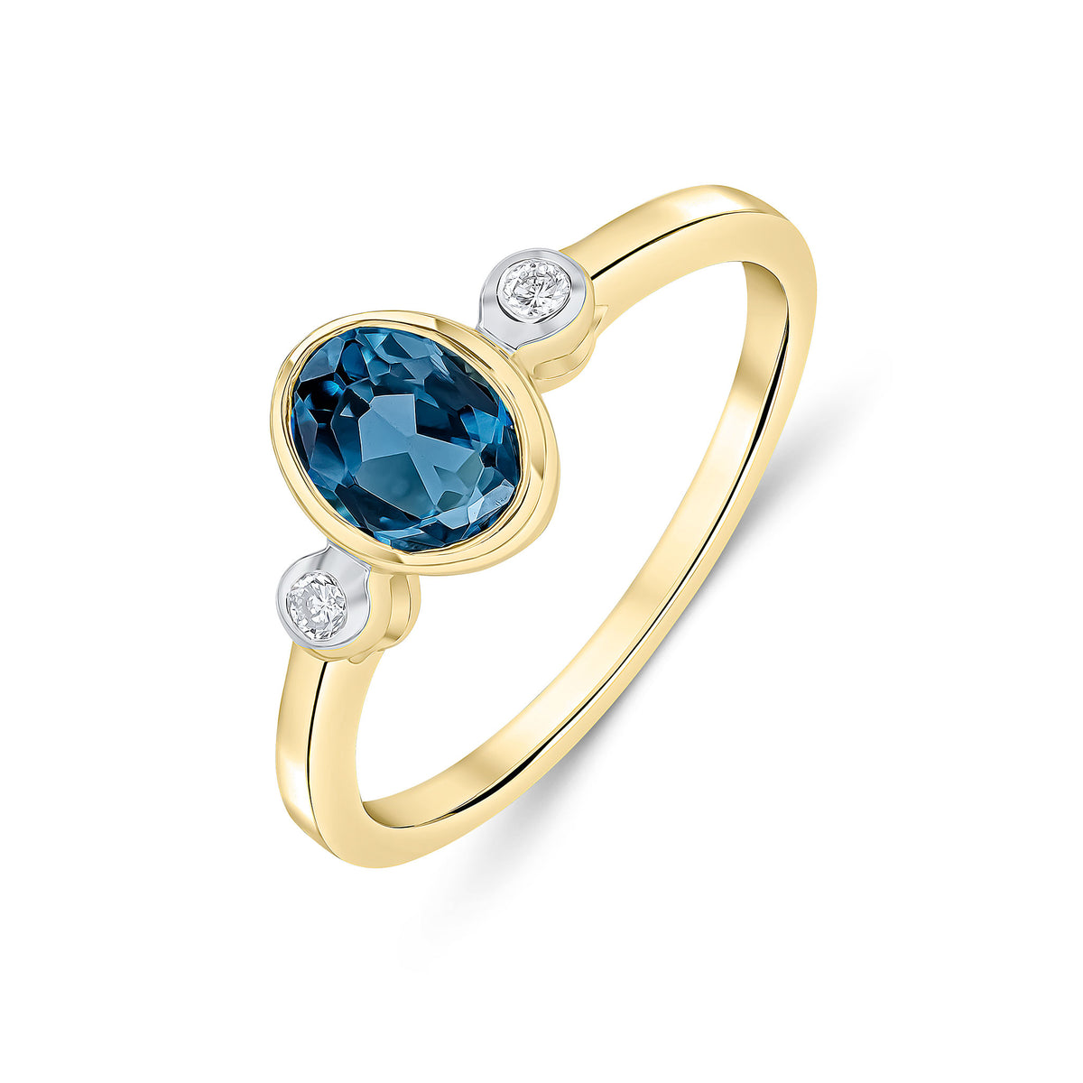 9CT YG 7X5 OVAL LONDON BLUE TOPAZ & ROUND DIAMOND 3ST RUBOVER RING. RHODIUM TO DIAMONDS