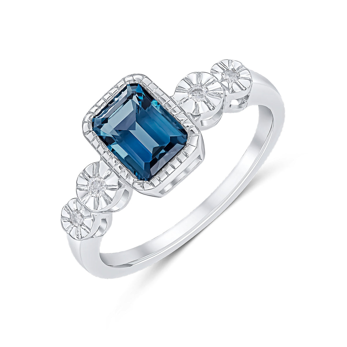 9CT WHITE GOLD MILLEGRAIN OCTAGON LONDON BLUE TOPAZ AND ILLUSION DIAMOND 2ST SHOULDERS RING