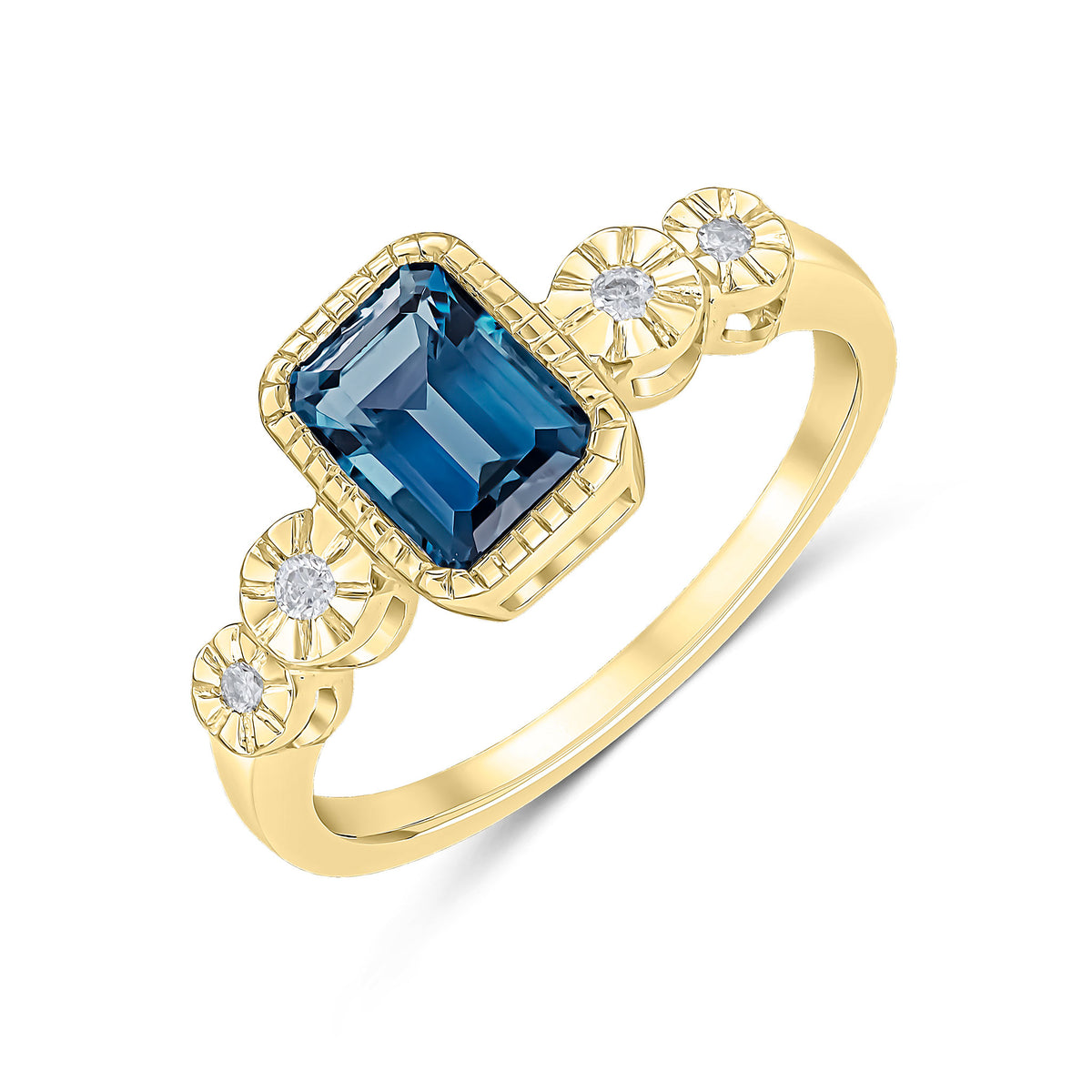9CT YELLOW GOLD MILLEGRAIN OCTAGON LONDON BLUE TOPAZ AND ILLUSION DIAMOND 2ST SHOULDERS RING