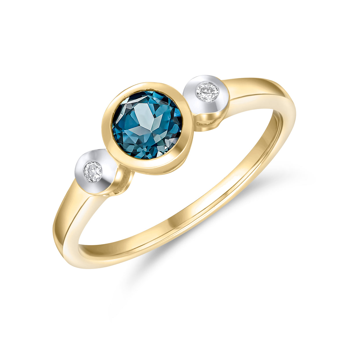 9CT YG 5MM ROUND LONDON BLUE TOPAZ AND DIAMOND RUBOVER 3ST RING.RHODIUM TO DIAMONDS