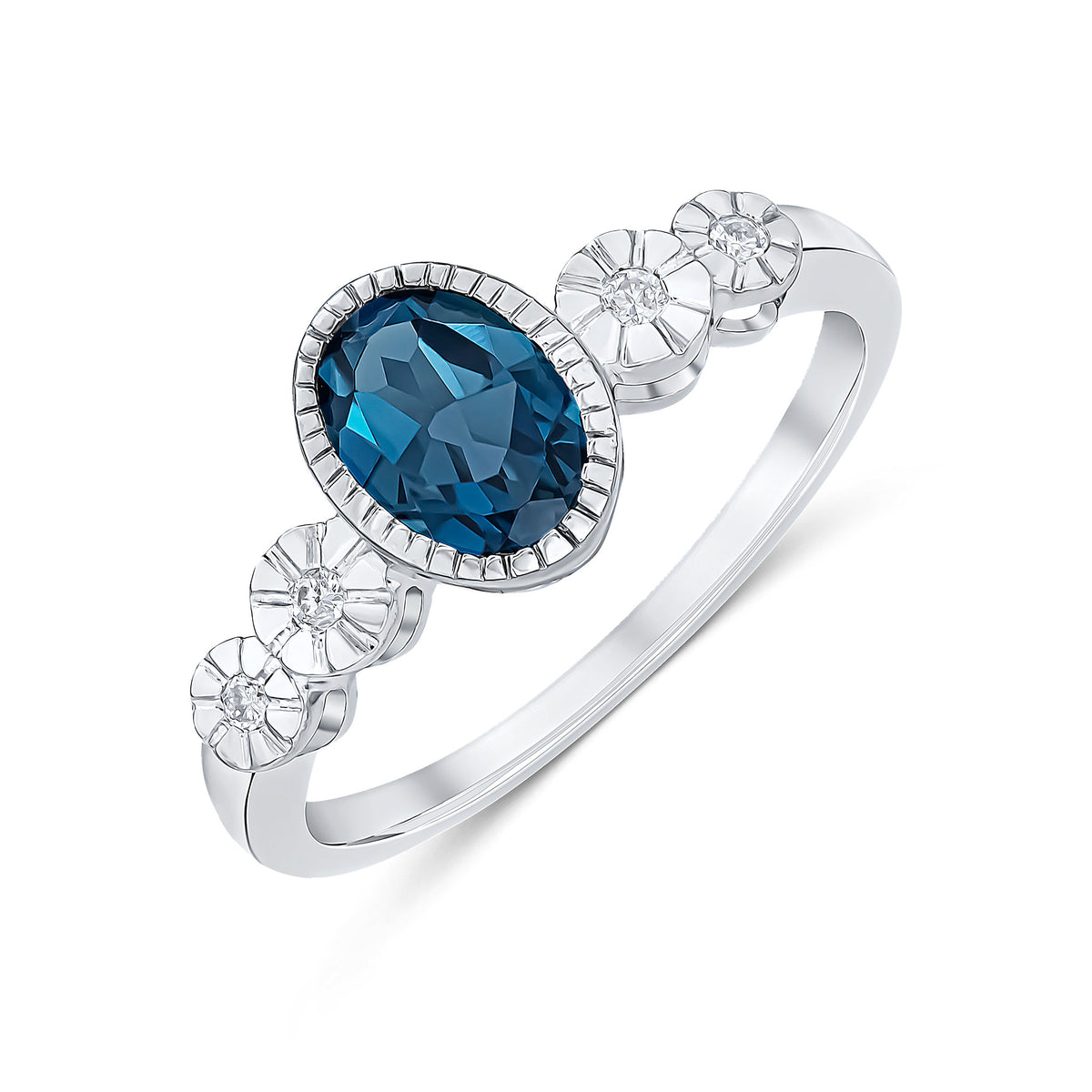 9CT WHITE GOLD MILLEGRAIN OVAL LONDON BLUE TOPAZ AND ILLUSION DIAMOND 4ST SHOULDERS RING