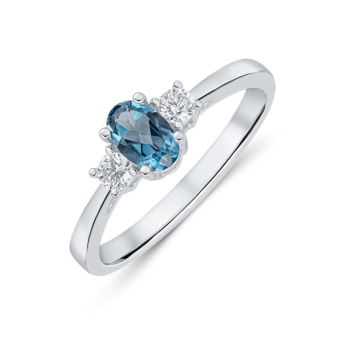 9CT WG 6X4 OVAL LONDON BLUE TOPAZ AND ROUND DIAMOND CLAW SET 3ST RING