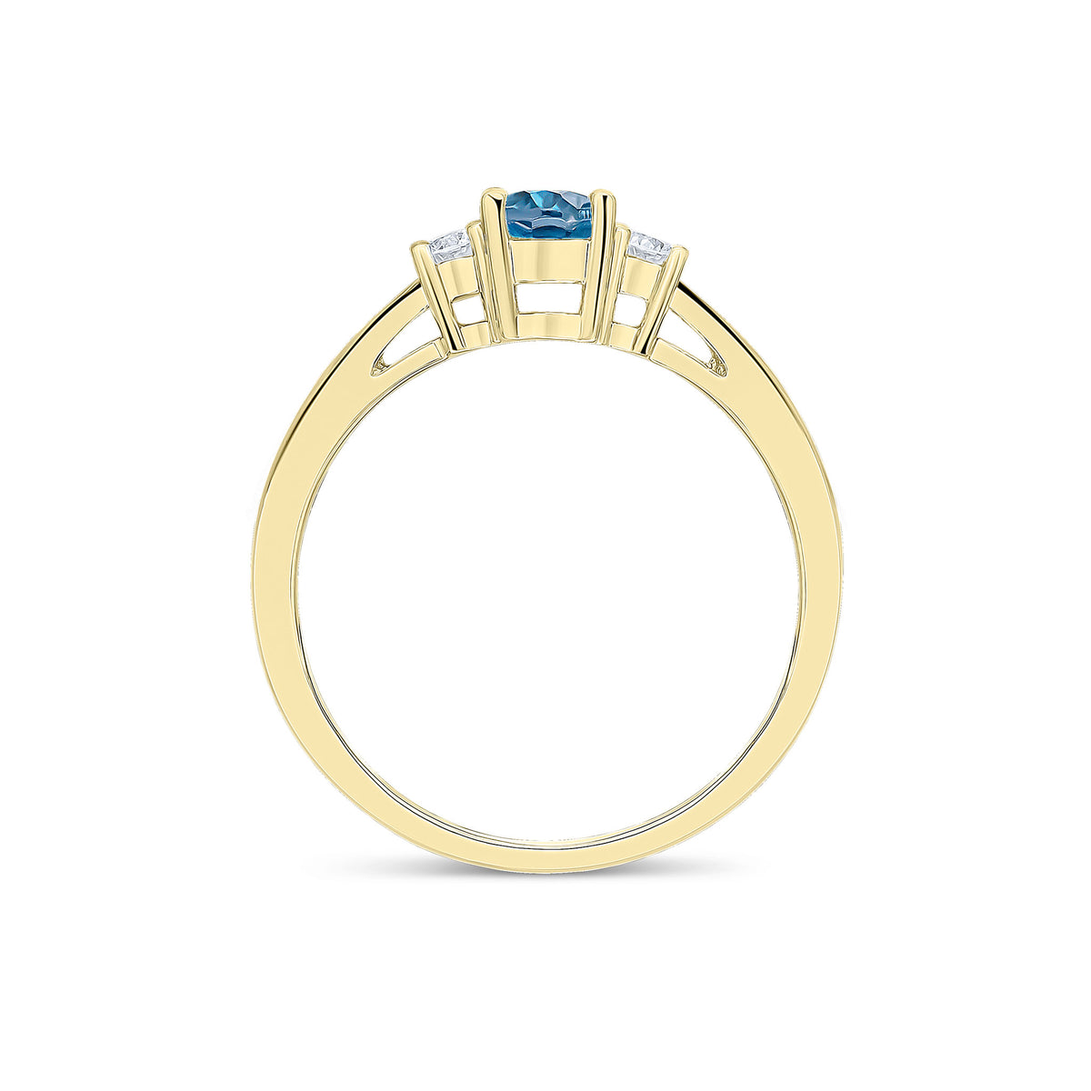 9CT YG 6X4 OVAL LONDON BLUE TOPAZ AND ROUND DIAMOND CLAW SET 3ST RING. RHODIUM TO DIAMONDS