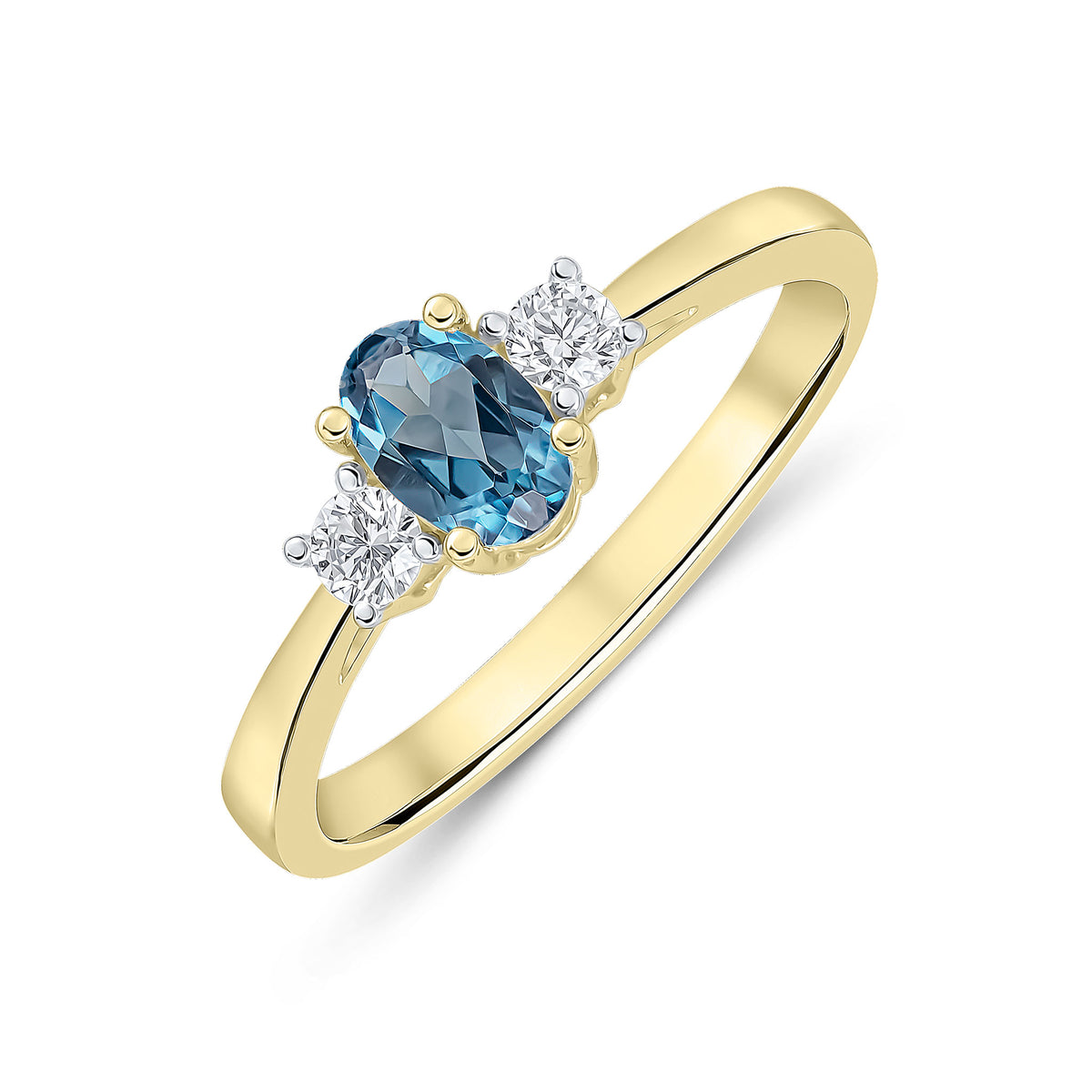 9CT YG 6X4 OVAL LONDON BLUE TOPAZ AND ROUND DIAMOND CLAW SET 3ST RING. RHODIUM TO DIAMONDS