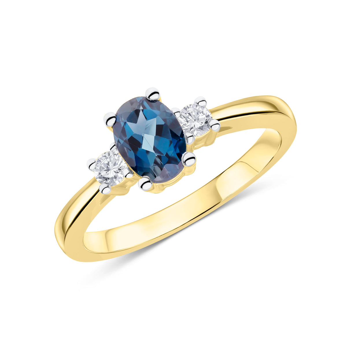 9CT YG 7X5 OVAL LONDON BLUE TOPAZ AND ROUND DIAMOND CLAW SET 3ST RING, RHODIUM TO DIAMONDS