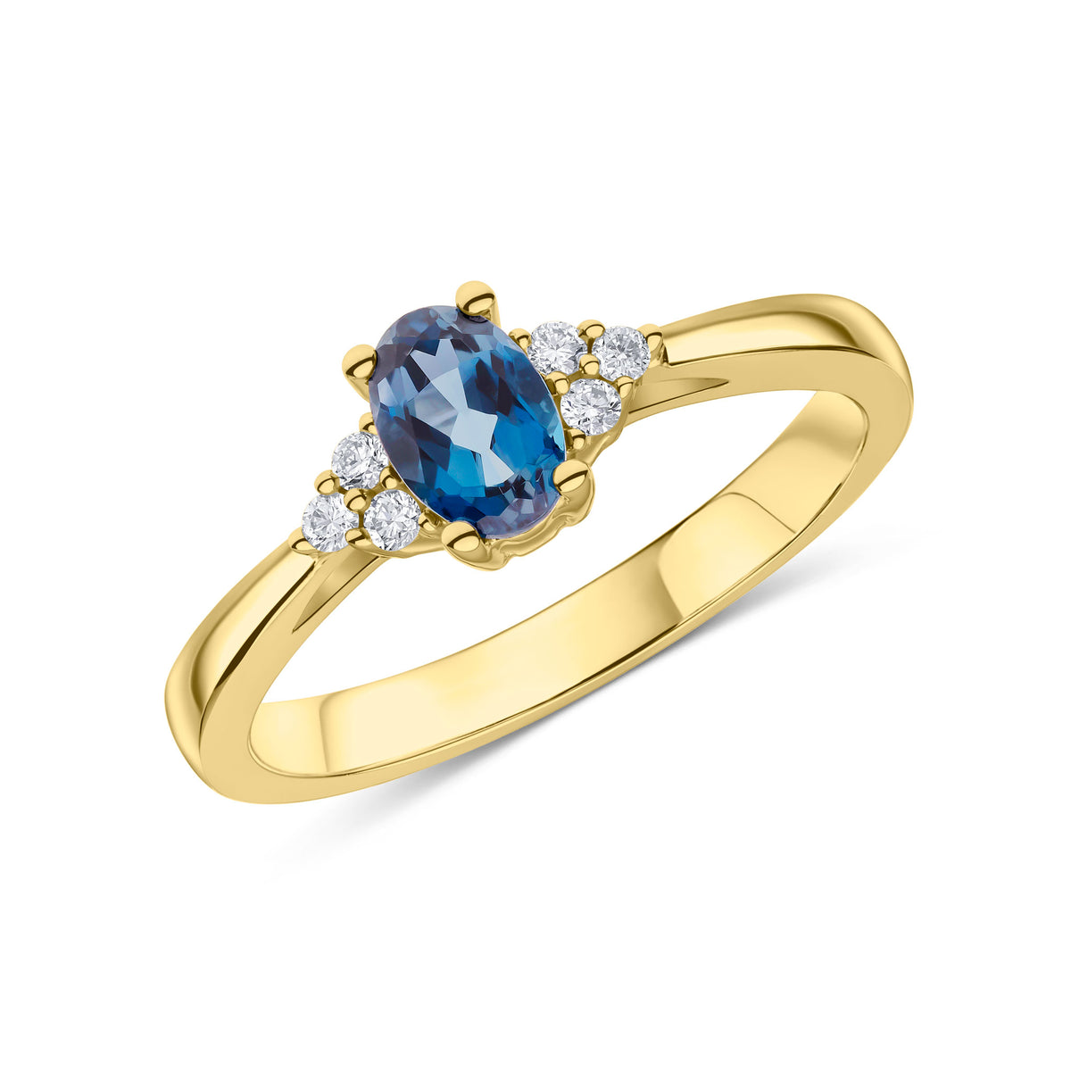 9CT YWG 6X4 OVAL LONDON BLUE TOPAZ AND ROUND DIAMOND TREFOIL SHOULDERS RING