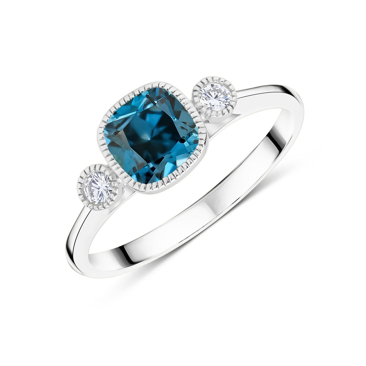 9CT WG 6MM CUSHION LONDON BLUE TOPAZ & ROUND DIAMOND MILLEGRAIN SET 3ST RING