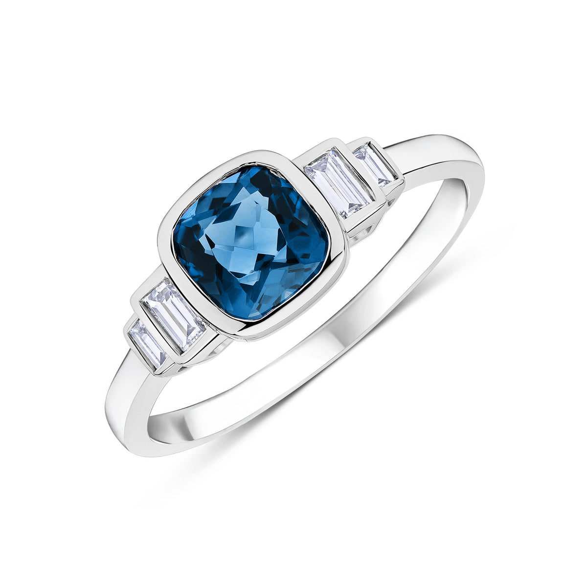 9CT WG 6MM CUSHION LONDON BLUE TOPAZ & BAGUETTE DIAMOND 2ST STEPPED SHOULDERS RING