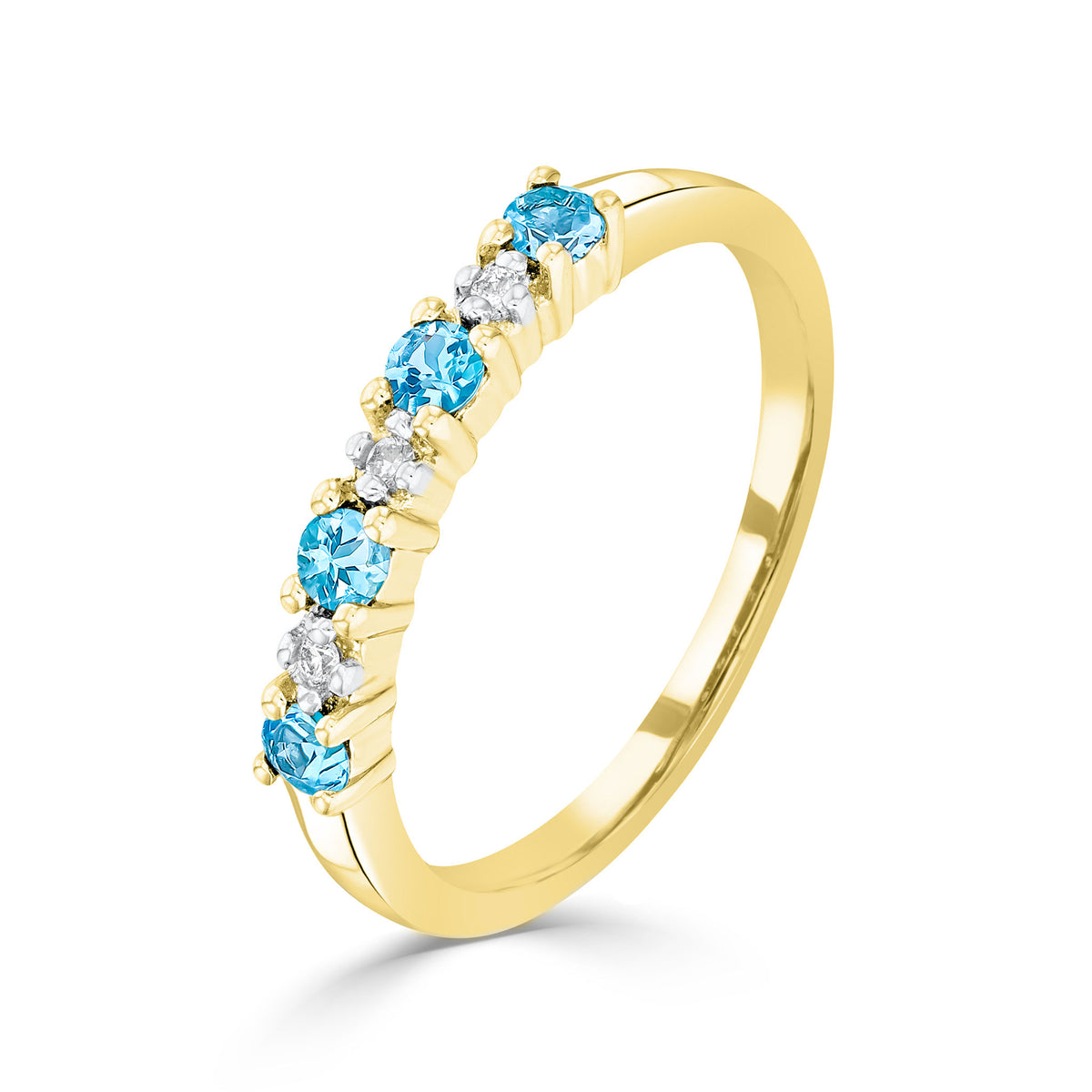 9CT YG ROUND SWISS BLUE TOPAZ AND DIAMOND CLAW SET 7ST RING