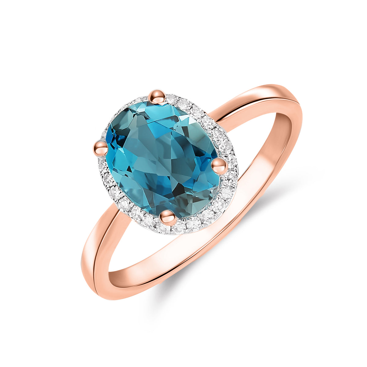 9CT RG 9X7 OVAL LONDON BLUE TOPAZ & DIAMOND CLAW SET CLUSTER RING. RHODIUM TO DIAMONDS