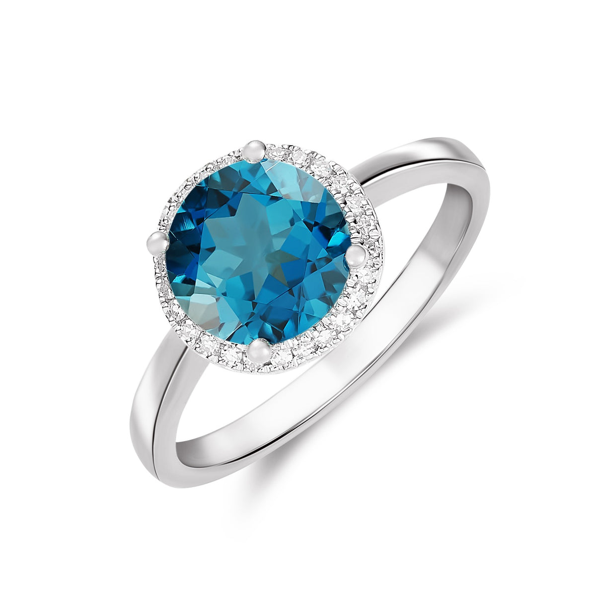 9CT WG 8MM ROUND LONDON BLUE TOPAZ AND DIAMOND CLAW CLUSTER RING