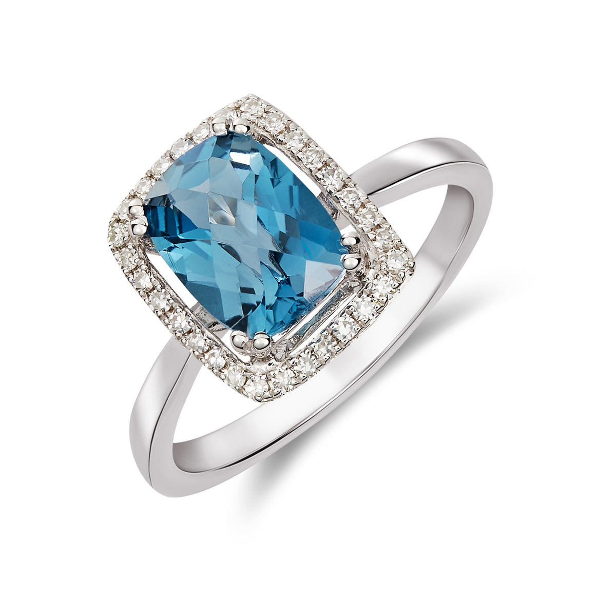 9CT WG 8X6 CUSHION CHECKERBOARD CUT SLONDON BLUE TOPAZ & DIAMOND HALO CLUSTER RING