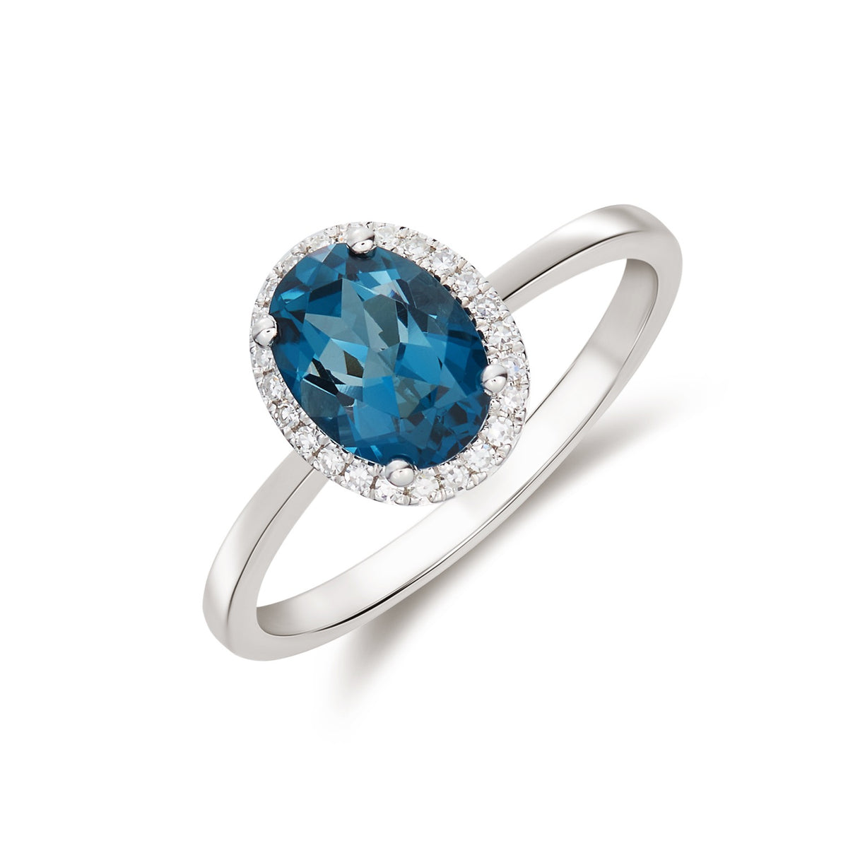 9CT WG 8X6 OVAL LONDON BLUE TOPAZ & DIAMOND CLAW SET CLUSTER RING