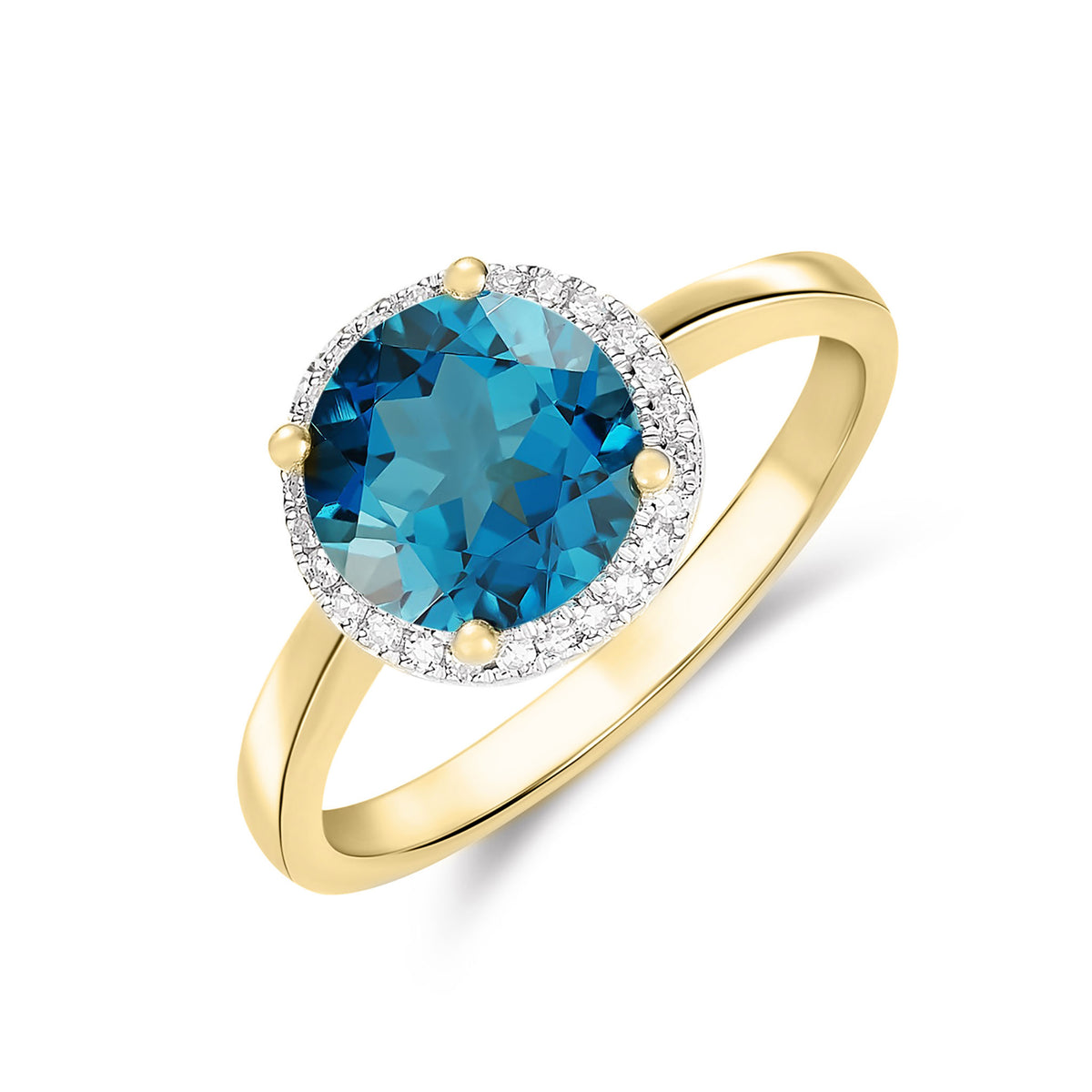 9CT YG 8MM ROUND LONDON BLUE TOPAZ AND DIAMOND CLAW CLUSTER RING