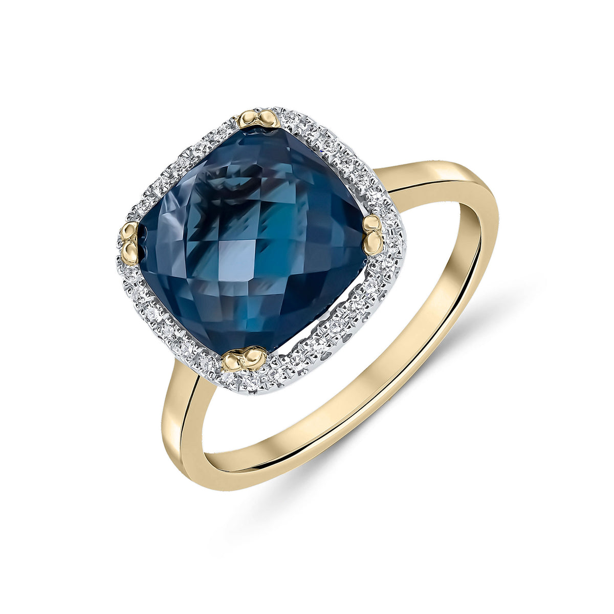9CT YG 10MM CHECKERBOARD CUT CUSHION LONDON BLUE TOPAZ & DIAMOND CLAW SET CLUSTER RING. RHODIUM TO DIAMONDS