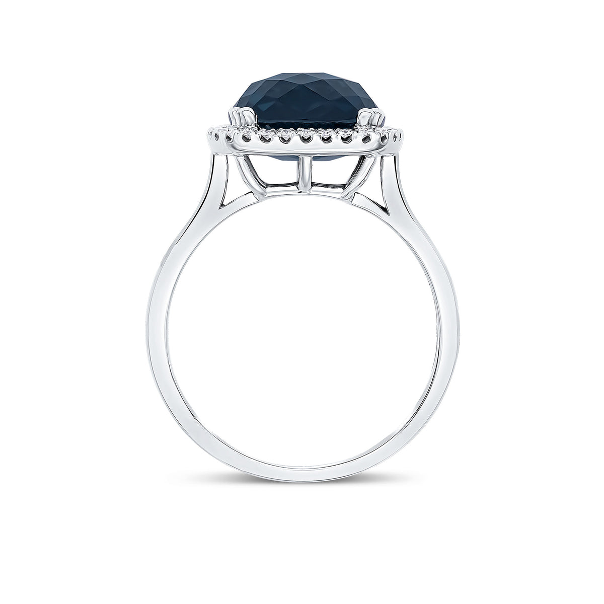 9CT WG 10MM CHECKERBOARD CUT CUSHION LONDON BLUE TOPAZ & DIAMOND CLAW SET CLUSTER RING