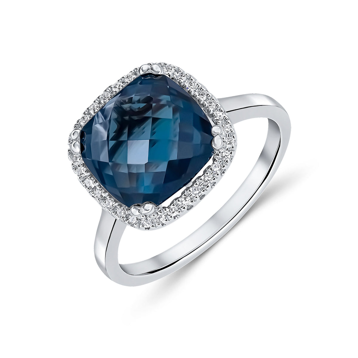 9CT WG 10MM CHECKERBOARD CUT CUSHION LONDON BLUE TOPAZ & DIAMOND CLAW SET CLUSTER RING